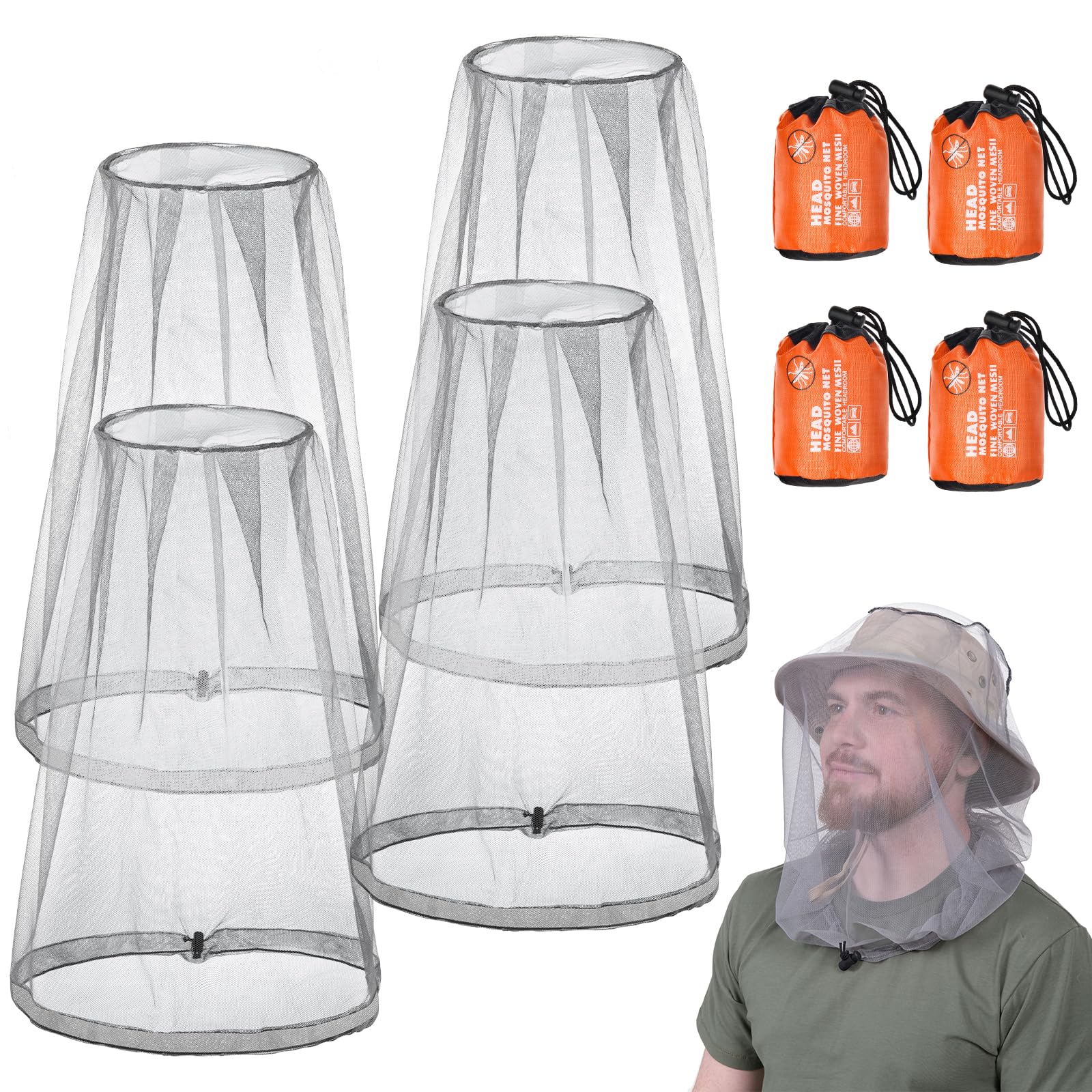 ACWOO Midge Head Net, Mosquito Head Protecting Net with Storage Bag, Mosquito Head Net Face Mesh, Fine Mesh Insect Netting Cover for Outdoor, Hiking, Camping, Climbing, Walking, Fishing (Grey, 4PCS)