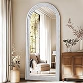 Rustic Full Length Mirror with Stand, 71"X32" Large Arched Farmhouse Wood Floor Mirror, Leaning or Wall Mounted Free Standing, Tempered Glass Full Body Mirror for Bedroom Living Room Store, White