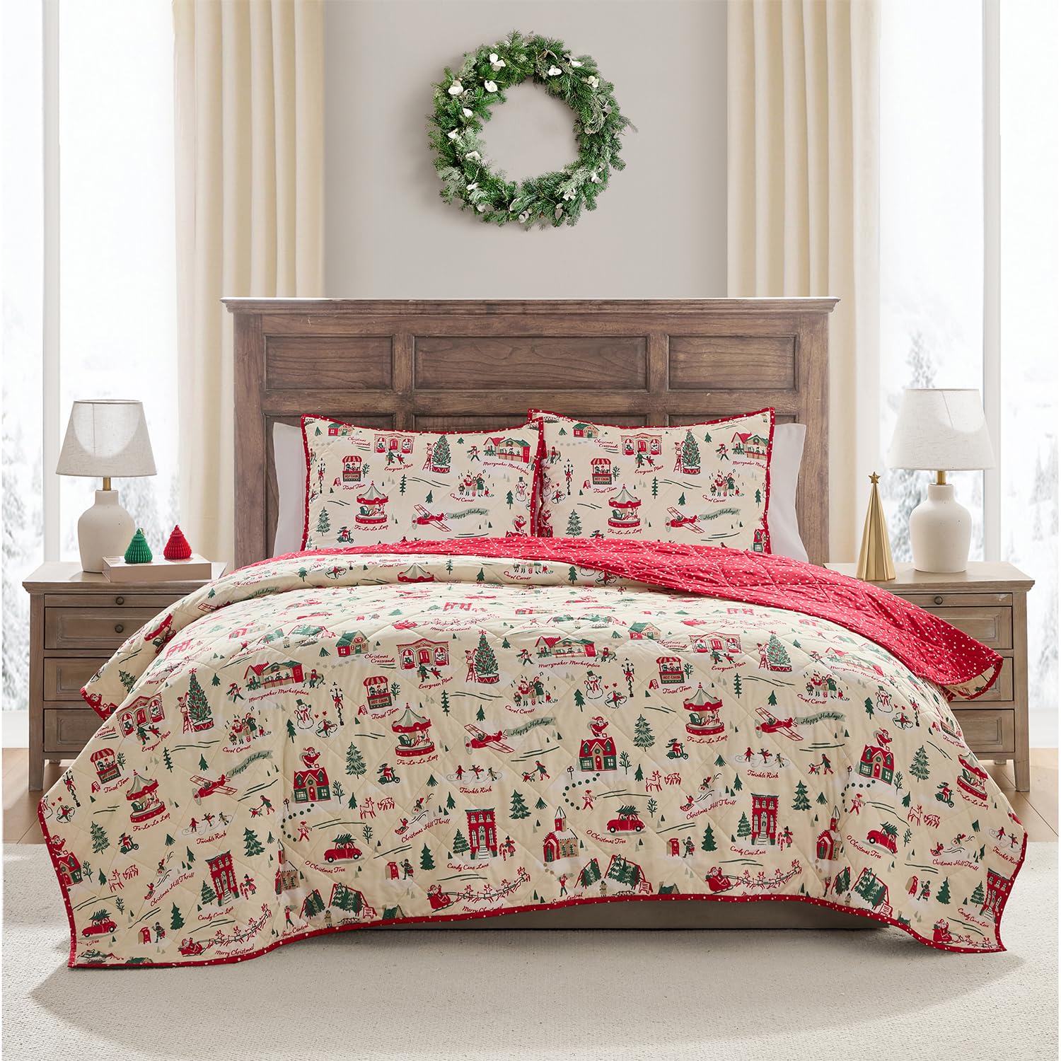Hallmark – King Quilt, 3-Piece Holiday Quilt Set with Shams, Reversible Quilt (Multi Christmas Village, King)
