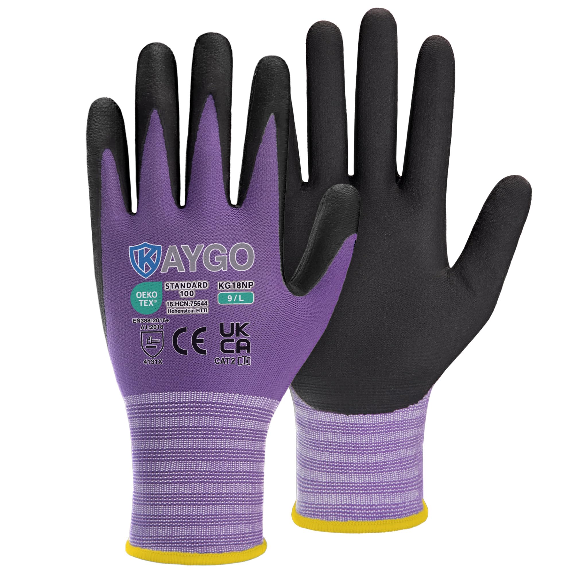 KAYGO Micro Foam Nitrile Coated Work Gloves 12 Pairs, Nylon Liner, Breathable and Flexible, Light Oil Grip, for Warehouse, Construction, DIY, Auto Repair, KG18N (Large, Purple)