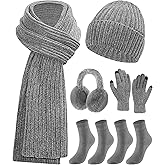 Geyoga 6 Pcs Winter Knit Set Beanie Hat Long Scarf Touchscreen Gloves Ear Muff Socks Warm Valentine Gift for Women Men Snow(Gray,Classic Style)