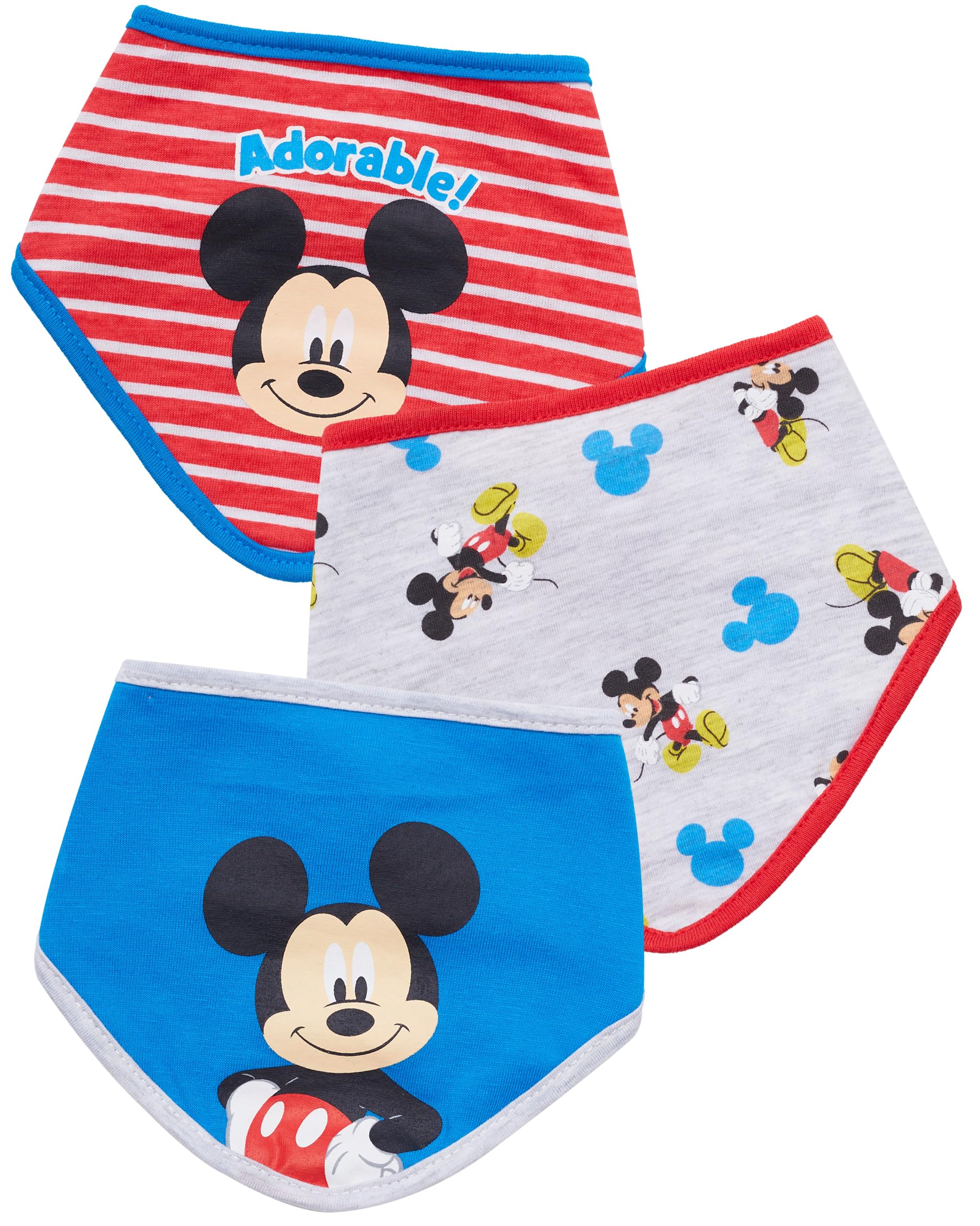 Disney Mickey Mouse Baby Bandana Bib 3 Pack, Mickey Mouse Baby Bibs (Blue/Red/Grey, 0-12M)