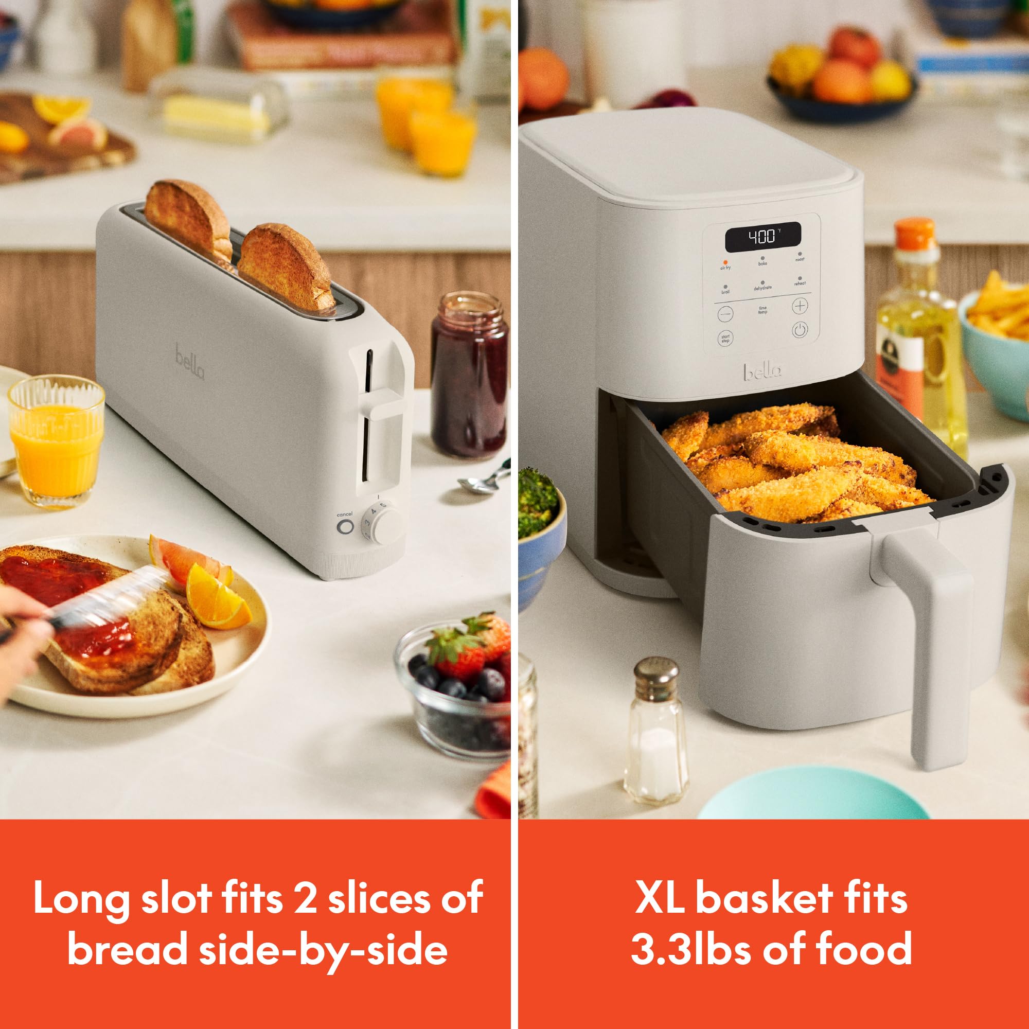 BELLA Tostadora delgada de 2 rebanadas + freidora de aire delgada de 4 cuartos, utensilios de cocina Fits-anywhere™, freidora de aire pequeña con 6 opciones de cocción preestablecidas y tostadora delgada con control de 6 tonos, leche de avena