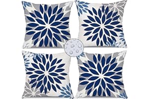 DFXSZ Blue Grey Flower Pillow Covers 18x18 Inch Set of 4 White Blue Colored Throw Pillows Outdoor Waterproof Decor for Living Room Sofa Patio Funiture Garden Floral Linen Cushion Case 008D