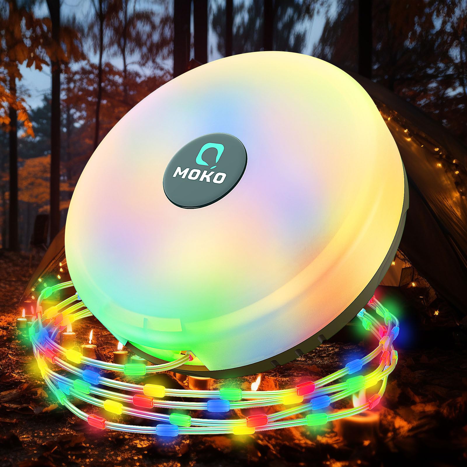 MoKo Camping String Light 32.8Ft, 4-in-1 Rechargeable LED Fairy Lights with 8 Modes & Power Bank, Waterproof Retractable Portable Light for Outdoor Garden Camping BBQ Christmas Decoration, Colorful