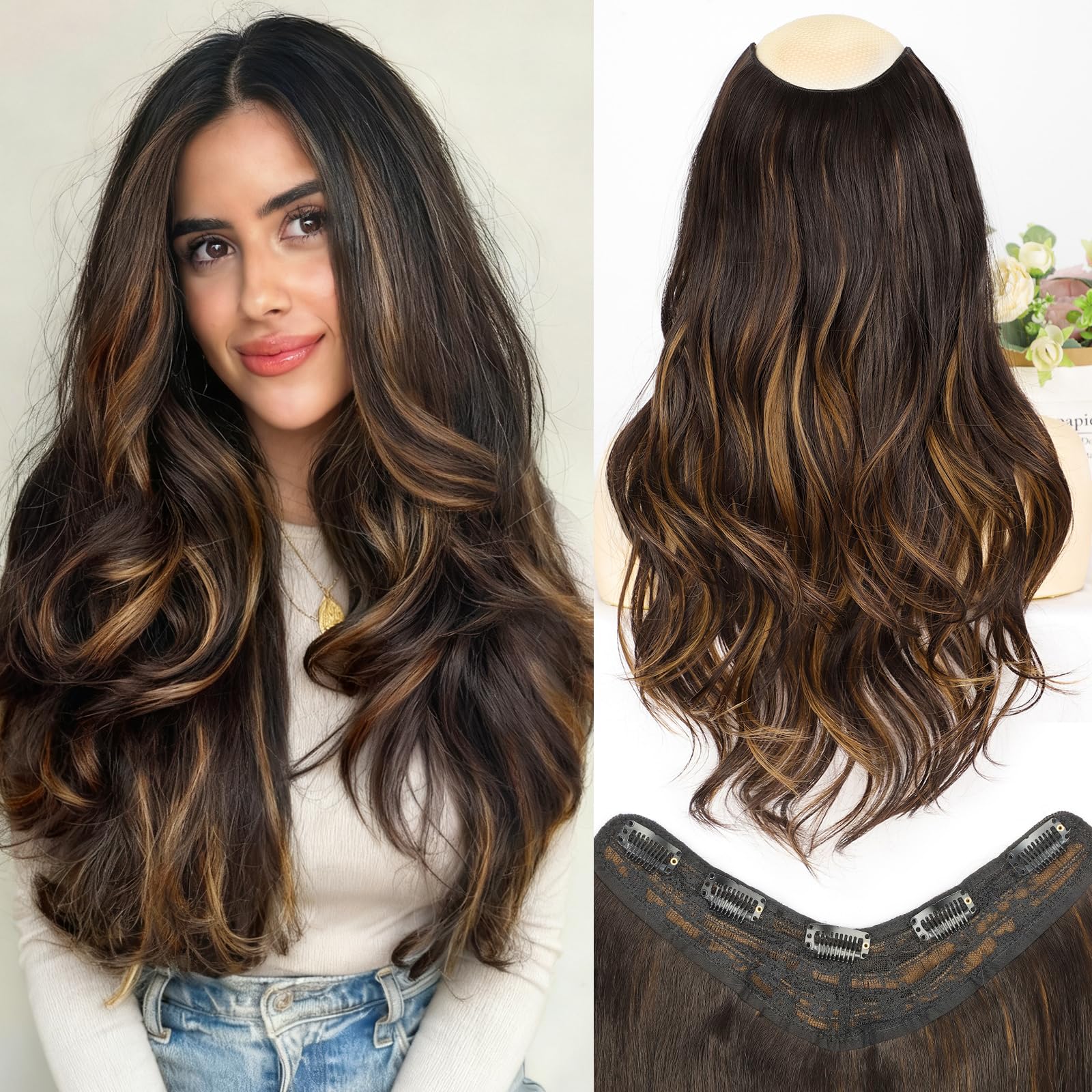 Photo 1 of ALXNAN Clip in Hair Extensions,Balayage Dark Brown to Chestnut Long Wavy Hair Extensions Soft Synthetic Thick Hairpieces for Women 20 Inch