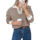 Saodimallsu Womens Fall Sweaters Tops Lapel V Neck Knit Sweater Color Block Long Sleeve Casual Soft Pullover Shirt