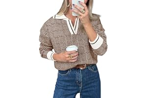 Saodimallsu Womens Fall Sweaters Tops Lapel V Neck Knit Sweater Color Block Long Sleeve Casual Soft Pullover Shirt