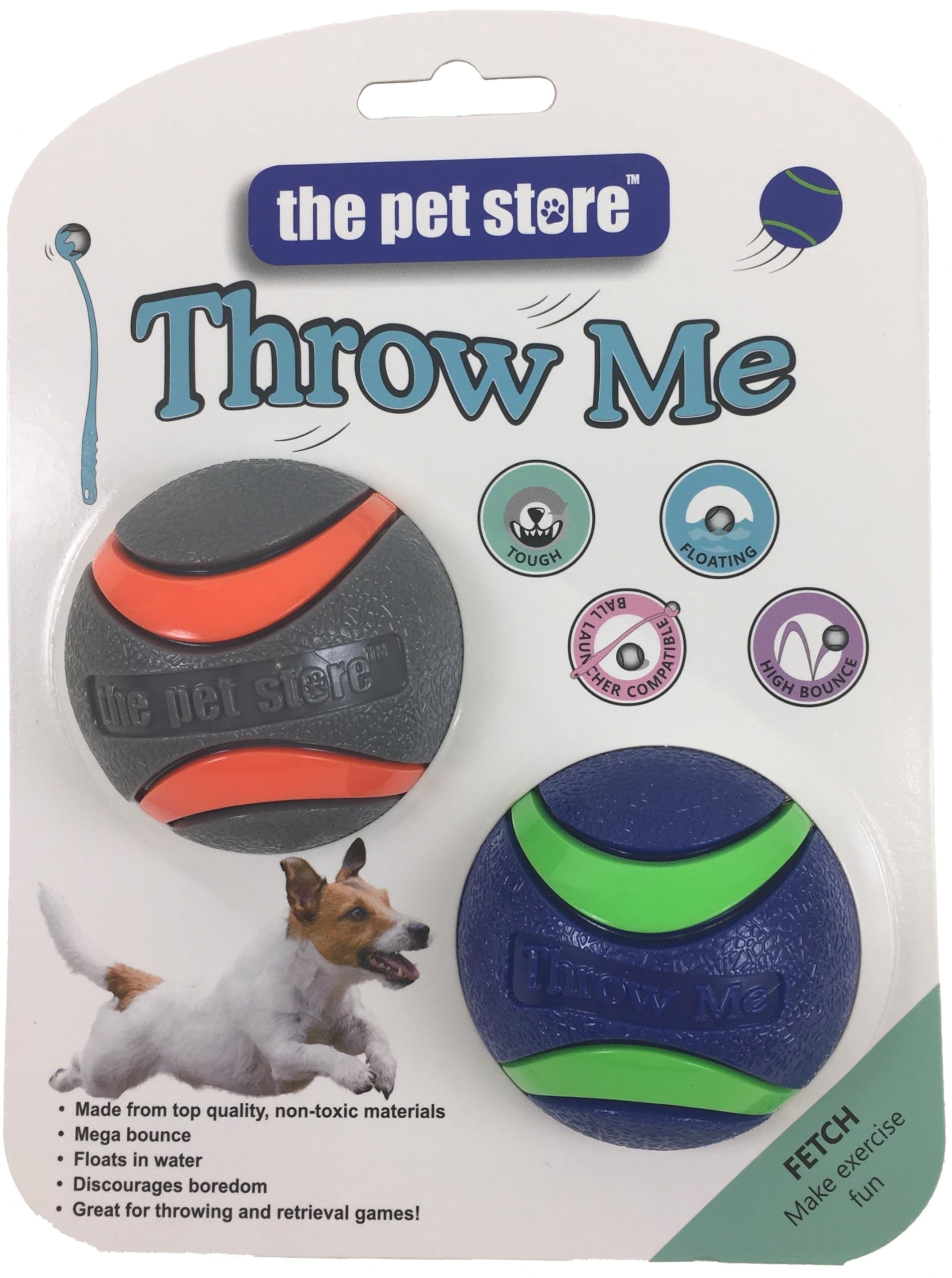 The Pet Store Throw Me Ball Dog Toy, Resilient Mega Bounce Ball, compatible with launchers for Throwing & Retrieval Games, Encourages Healthy Exercise for Your Dog, Blue/Green and Grey/Orange