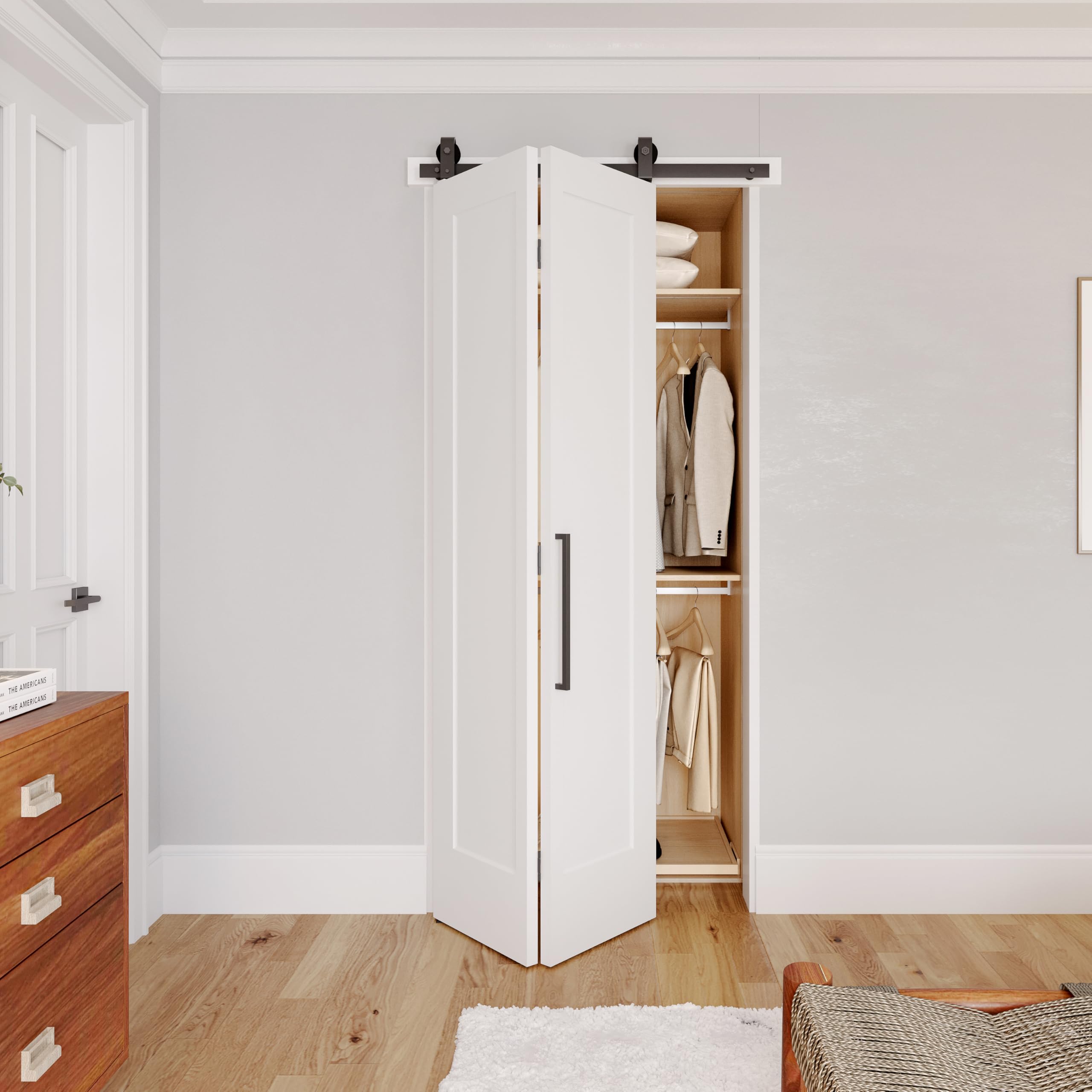 Photo 1 of ****SOLD AS IS NO REFUND/RETURN.** SEE COMMENTS 
JUBEST 36 in. x 84 in. Bi-fold Door, Shaker Style Flat 1 Panel Primed Bi-Fold Sliding Barn Door Hollow Core Interior Folding Doors with Hardware Kit