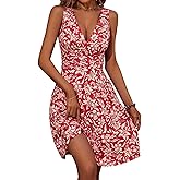 OURIN Women's Spring Deep V Neck Sleeveless Floral Sundresses with Pockets Flowy Summer Dresses for Women