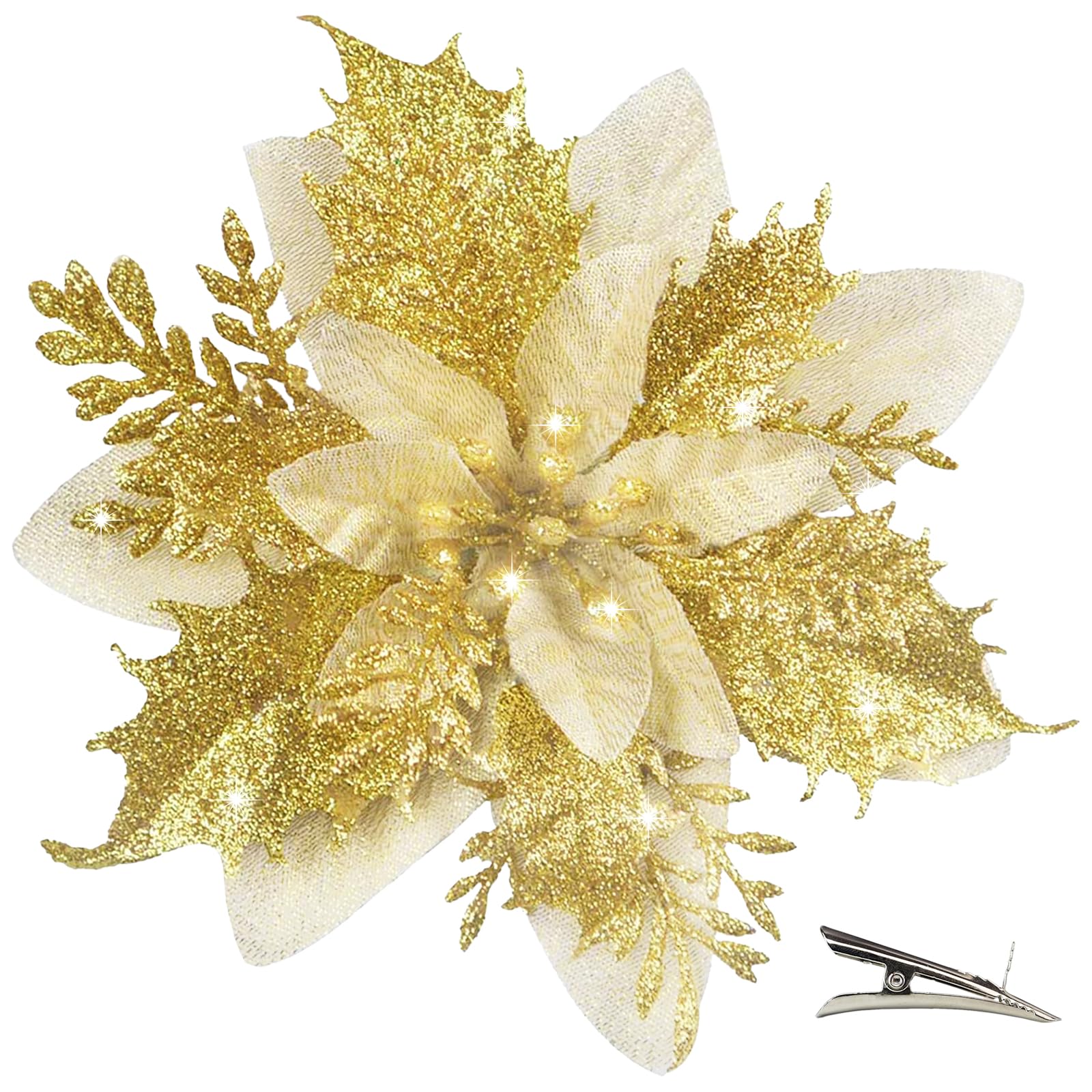 MIKAILE 20PCS Christmas Flowers Artificial with Clip, Poinsettia Christmas Decorations with Glitter for Christmas Tree Decorations Garland Wreaths DIY Ornaments (Gold) — image 1