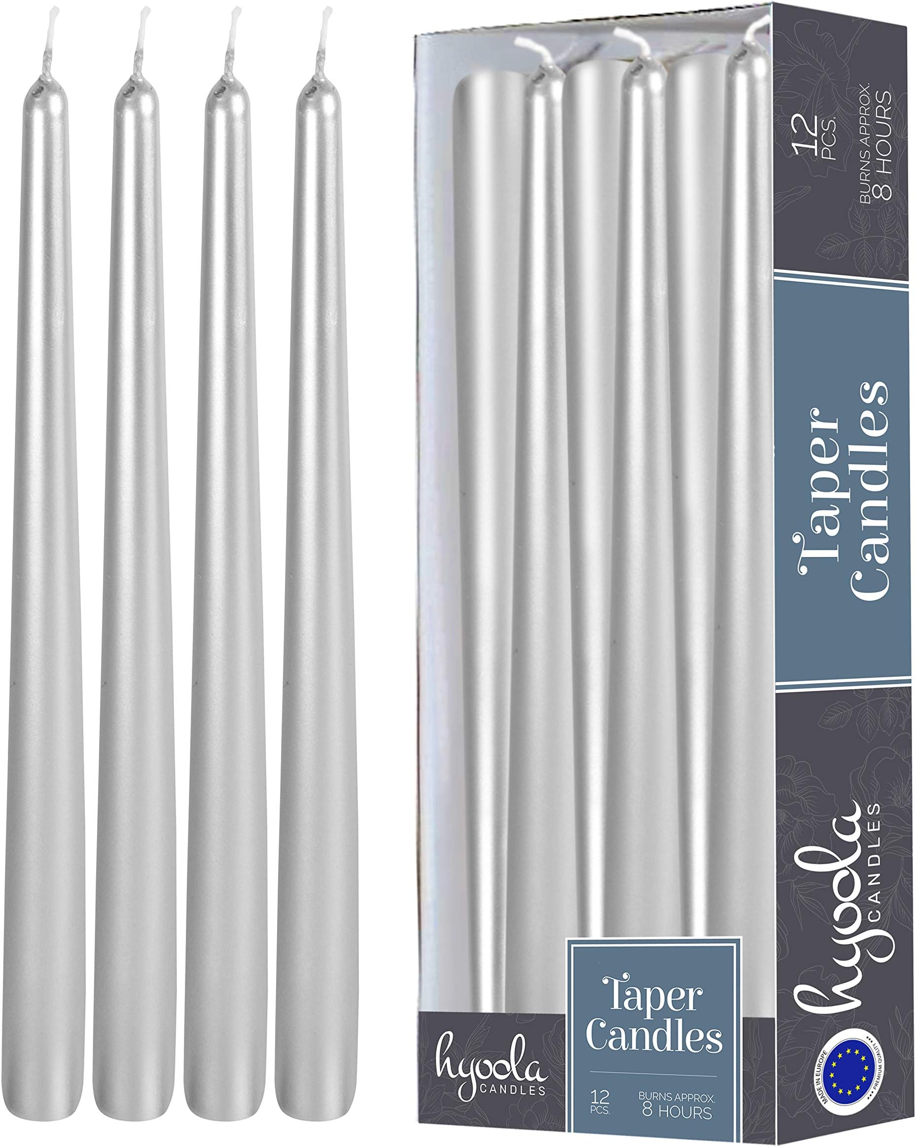 Hyoola 12 Pack Tall Metallic Taper Candles - 10 Inch Silver Metallic, Dripless, Unscented Dinner Candle - Paraffin Wax with Cotton Wicks