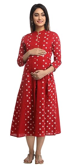 ANAYNA Women;s Cotton Printed Maternity Dress (Red)