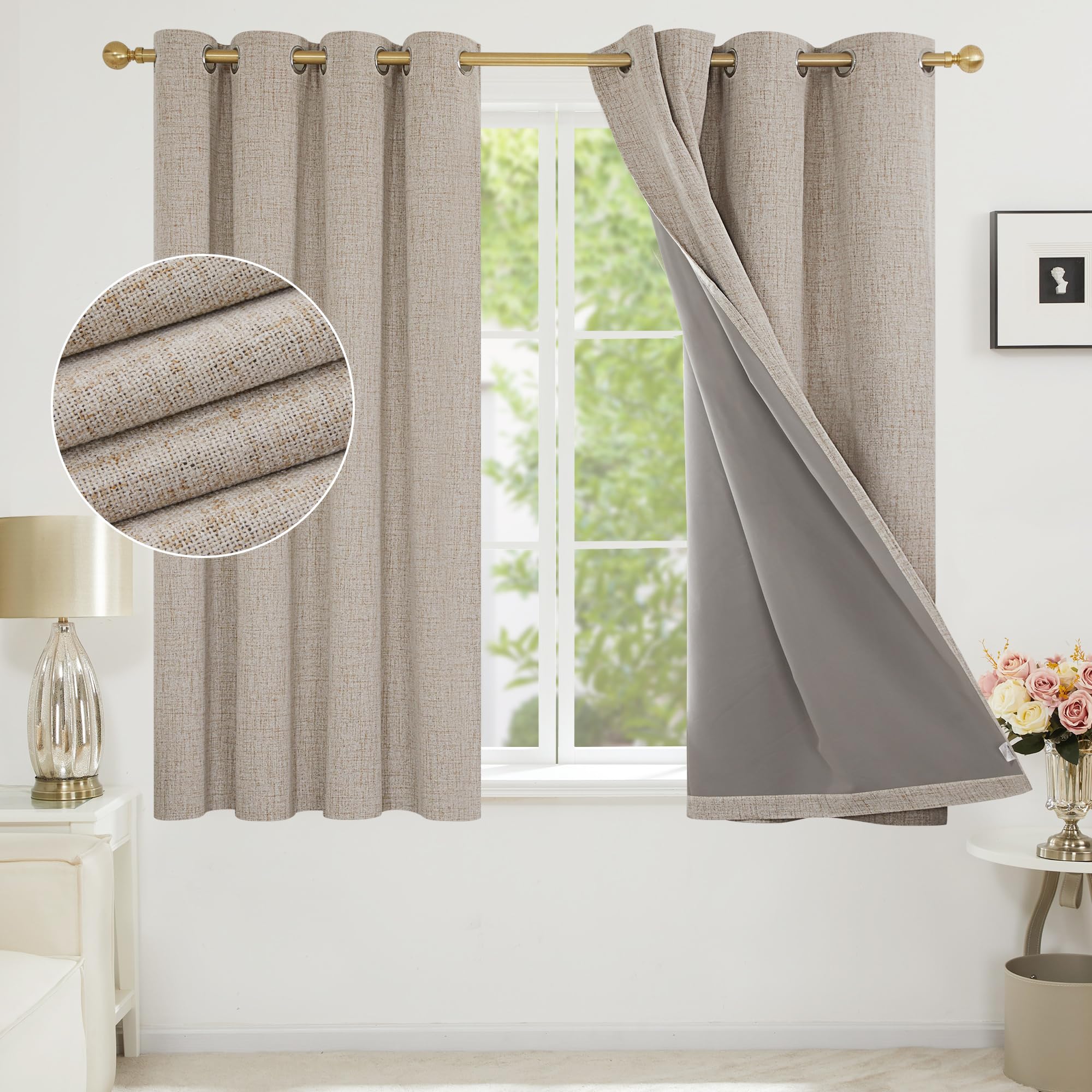 Deconovo 100% Blackout Thermal Curtains with Coating, Faux Linen Energy Saving Room Darkening Eyelet Curtains fot Kids Room, 46 x 54 Inch(Width x Length), Taupe, One Pair