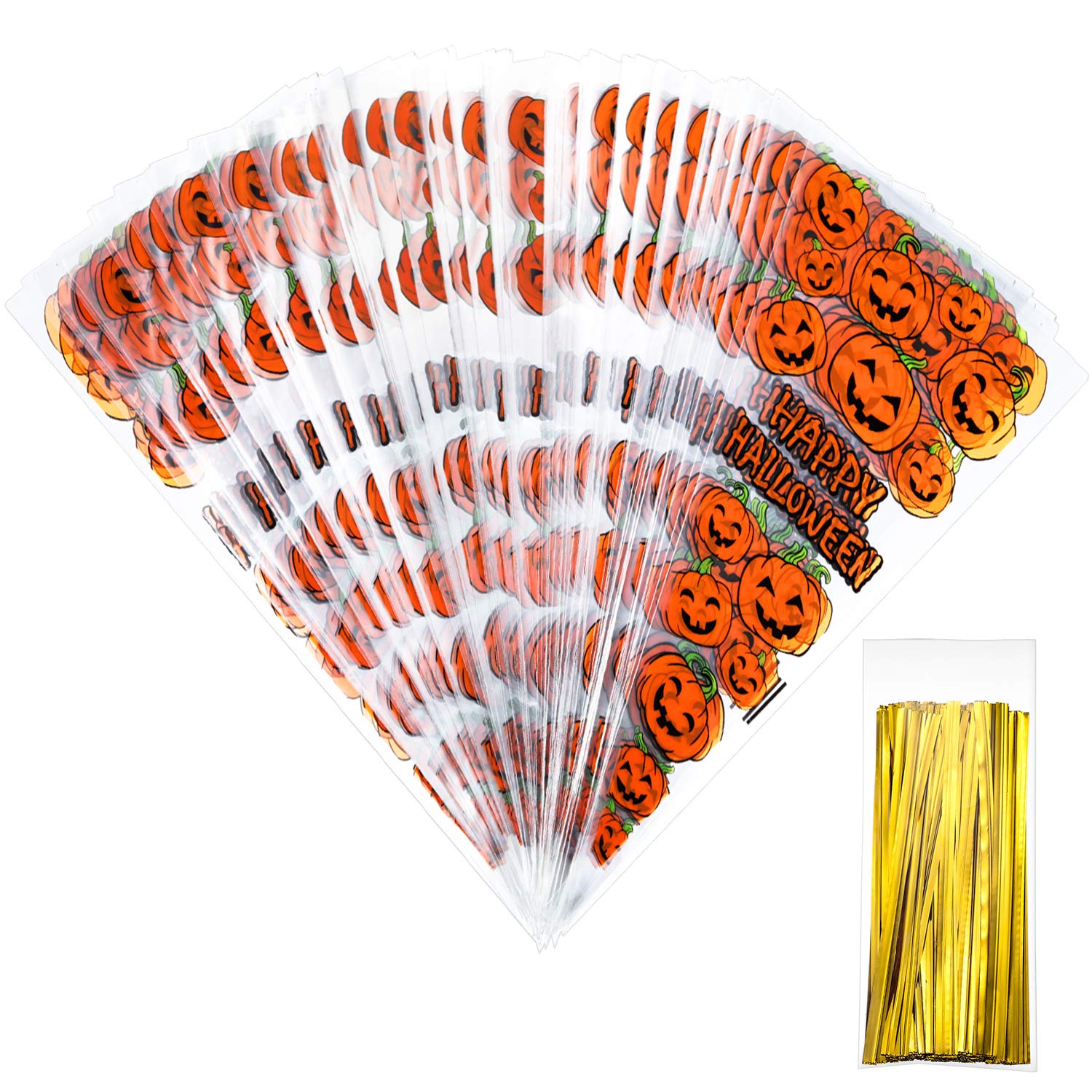 100 Counts Pumkin Cone Bag Halloween Pumpkin Patterned Cone Cellophane Bags Treat Candy Bags with 100 Pieces Gold Twist Ties for Halloween Party Favor (color A, Halloween)