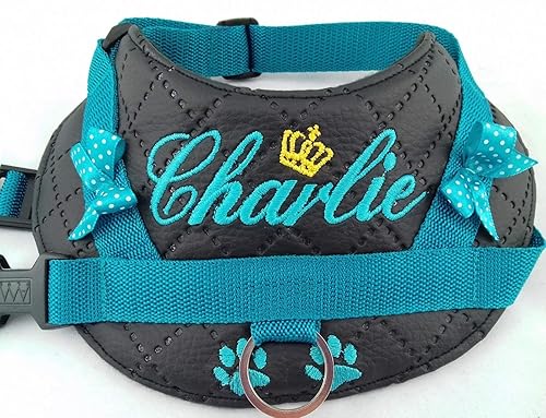 Hundegeschirr S M L XL XXL mit Wunsch Namen bestickt Kunstleder schwarz türkis