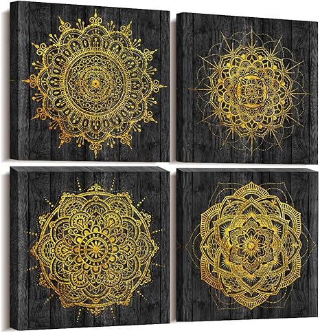 Amazon Com 4 Piece Framed Canvas Wall Art For Living Room Family Bathroom Wall Decor Modern Kitchen Office Bedroom Decoration Black Pictures Golden Abstract Painting Inspiration Wall Artworks For Home Walls Art Posters