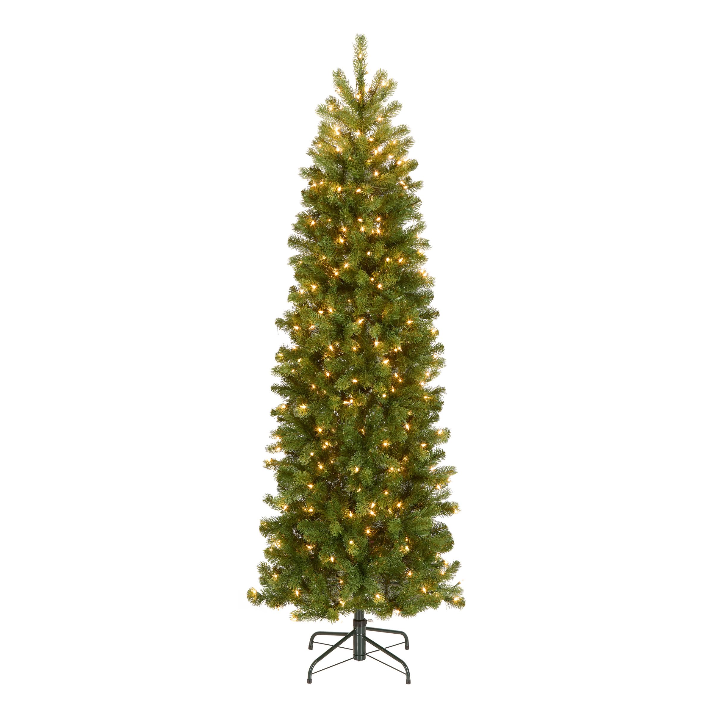 Photo 1 of National Tree Company Pre-Lit 'Feel Real' Artificial Slim Downswept Christmas Tree, Green, Douglas Fir, White Lights, Includes Stand, 6.5 feet
