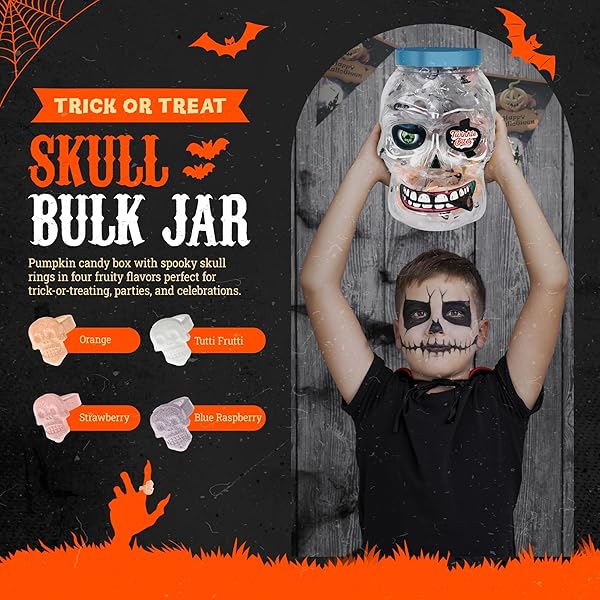 30 PACK HALLOWEEN RING CANDY – INDIVIDUALLY WRAPPED HOLIDAY THEMED SKULL CANDYS PACKED IN A SKULL JAR – TRICK OR TREAT STRAWBERRY AND TUTTI FRUTTI DELICIOUS CANDYS – BULK HALLOWEEN SUCKERS GREAT USE, FOR KIDS, TRICK OR TREAT, PARTY FAVOR, CLASSROOMS, GOODIE BAGS