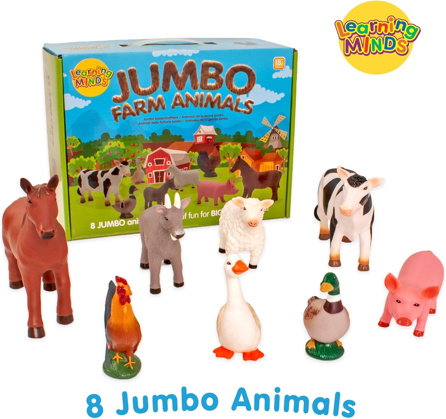 Learning Minds Jumbo Farm Animals, 8 Piece Animal Pretend Play