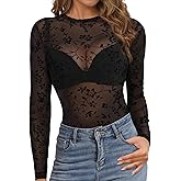 Buauty Mesh Long Sleeve Top for Women, Lace Sheer Tops See Through Mock Neck Floral Embroidery Sheer Blouce Fishnet Shirt