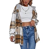 Zontroldy Womens Hooded Shacket Jacket Oversized Casual Flannel Plaid Wool Blend Button Down Shirt Coat Jackets