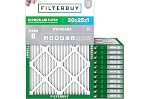 Filterbuy 20x25x1 Air Filter MERV 8 Essential Dust & Allergy Defense (12-Pack), Electrostatic Pleated HVAC AC Furnace Filters Replacement, Made in USA (Actual Size: 19.50 x 24.50 x 0.75)