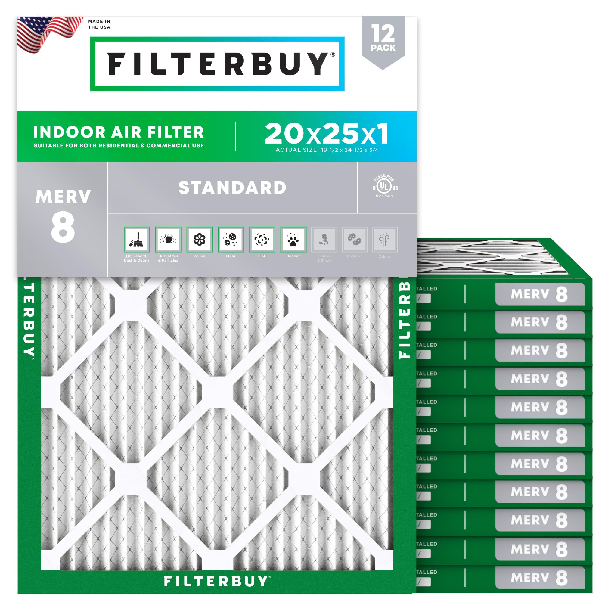 Filterbuy 20x25x1 Air Filter MERV 8 Dust & Allergy Defense (12-Pack)