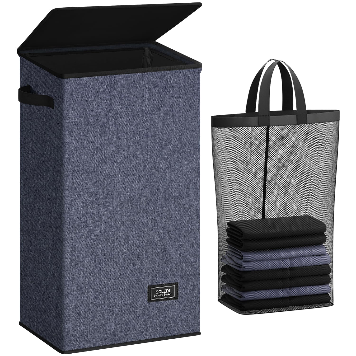 SOLEDI Laundry Hamper with Lid 100L Large & Tall Collapsible Laundry Basket, Clothes Hamper with Bag Removable Easy to Carry, Dirty Hampers for Bedroom, Bathroom, Dorm, College, Navy Blue Image SOLEDI Laundry Hamper with Lid 100L Large & Tall Collapsible Laundry Basket, Clothes Hamper with Bag Removable Easy to Carry, Dirty Hampers for Bedroom, Bathroom, Dorm, College, Navy Blue Image