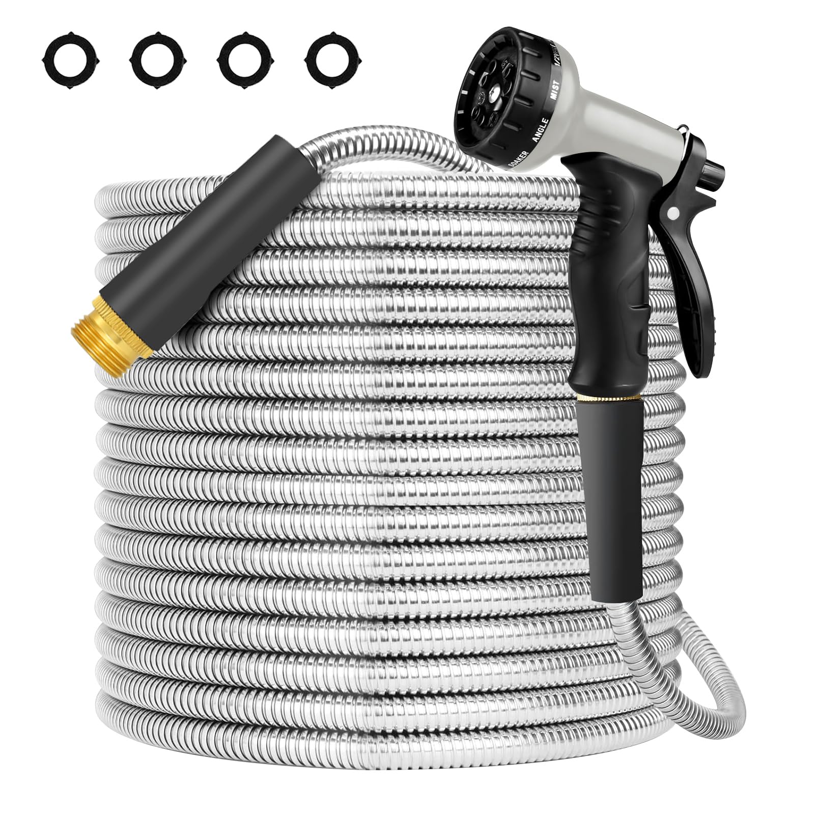 Photo 1 of 25FT Garden Hose, Metal Garden Hose with 10 Pattern Spray Nozzle, Leak Proof Water Hose, Stainless Steel Metal Hose for Car?Yard, Outdoor