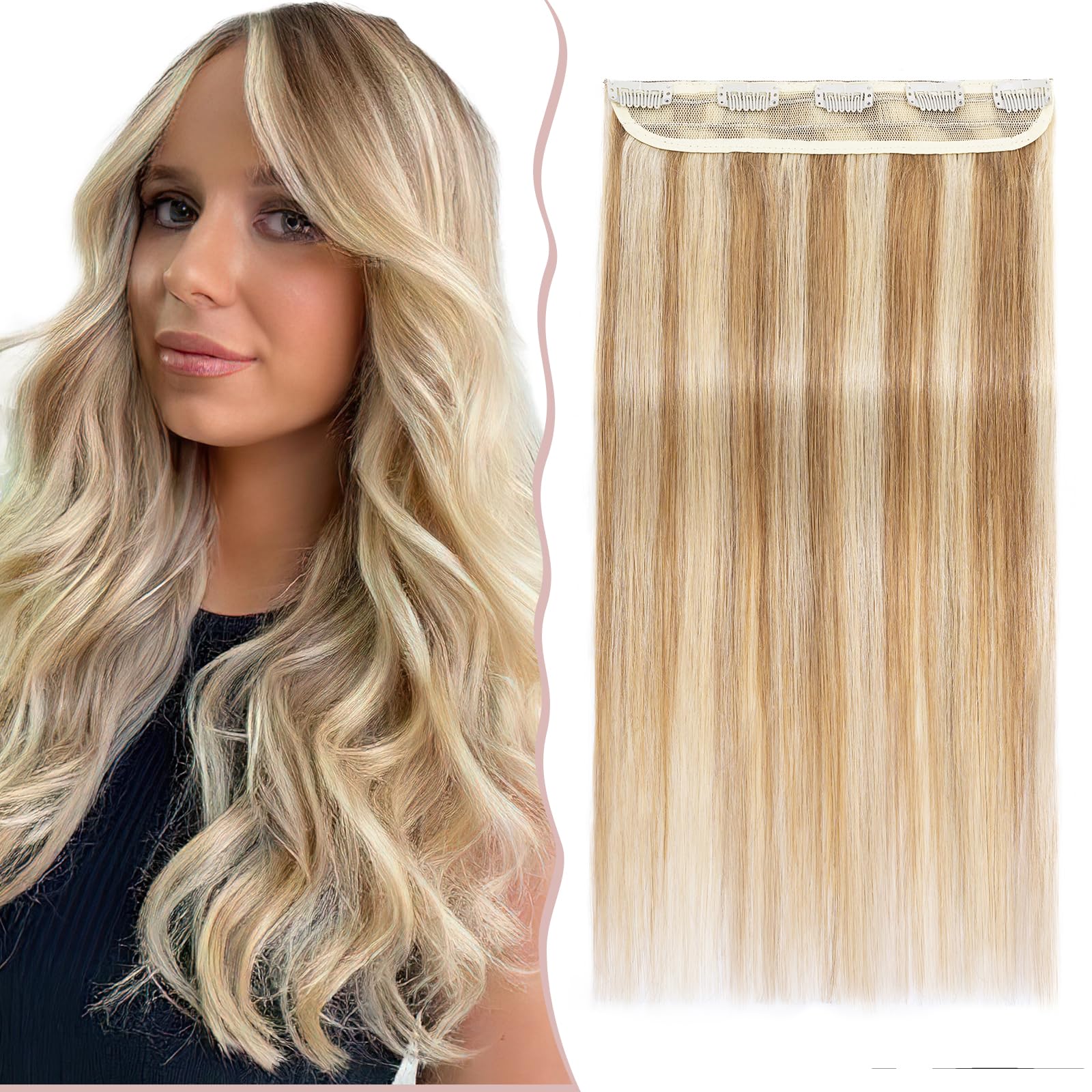 16 inch SEGO Clip in Hair Extension Human Hair One Piece [#12/613 Golden Brown&Bleach Blonde] 100% Remy Real Hairpieces for Women 3/4 Full Head Straight (45g)