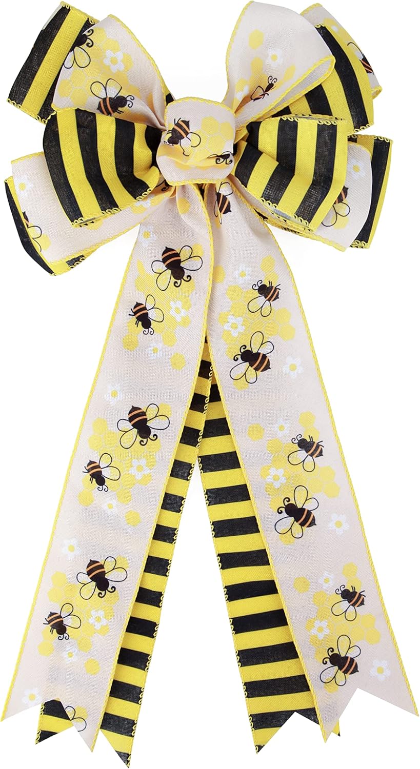 Bows & Ribbons - Meseey Large Bumble Bee Burlap Bow Black and Yellow Honey Bee Floral Wreaths Bows for Gift Wrapping Tree Topper Front Door Party Home Decorations (Bee)