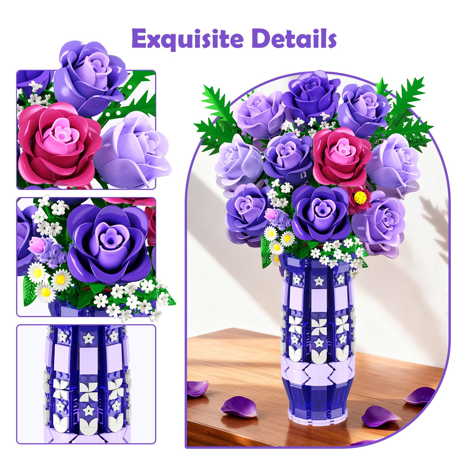 CUBIMANA Lila Rosen Blumen-Bauset mit Vase und LED-Licht, 17 Mini-Blumenstrauß-Bausteine, künstliche Blumen für Zuhause und Büro, Geschenk für Erwachsene, Frauen und Mädchen ab 12 Jahren 6