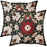 GDHBLING Red Christmas Poinsettia Throw Pillow Covers 18x18 Set of 2, Soft Vintage Bohemia Xmas Flower Pillow Cases Kit with Zipper, Retro Velvet Decor for Couch Sofa Living Room Bed