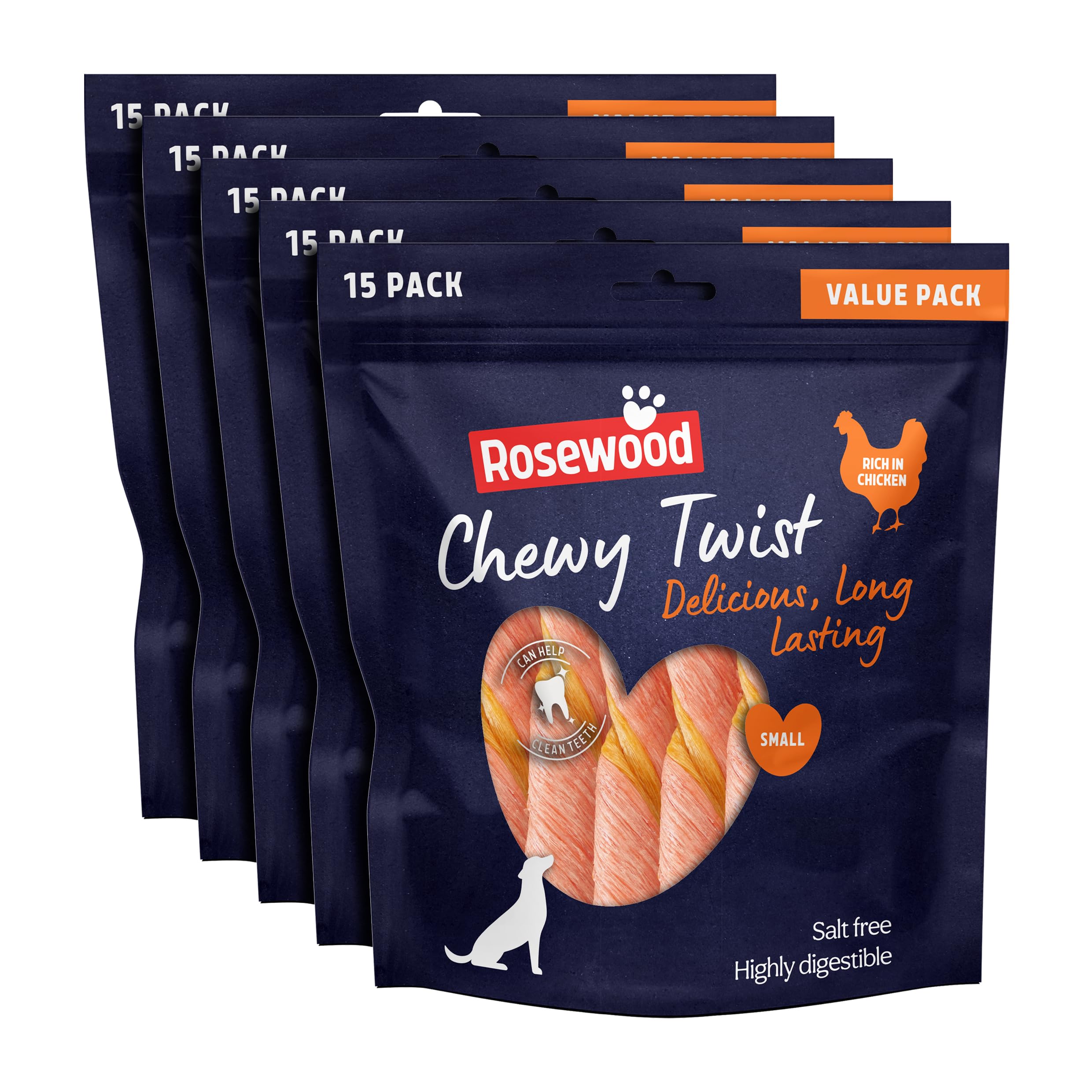 Rosewood Chewy Twist Treats for Dogs - XL Value Pack, Rich in Chicken, Small Dog Treats, Delicious, Long-Lasting Chews, Helps Clean Teeth, Salt Free, Highly Digestible, 15pc (Case of 5 x 345g)