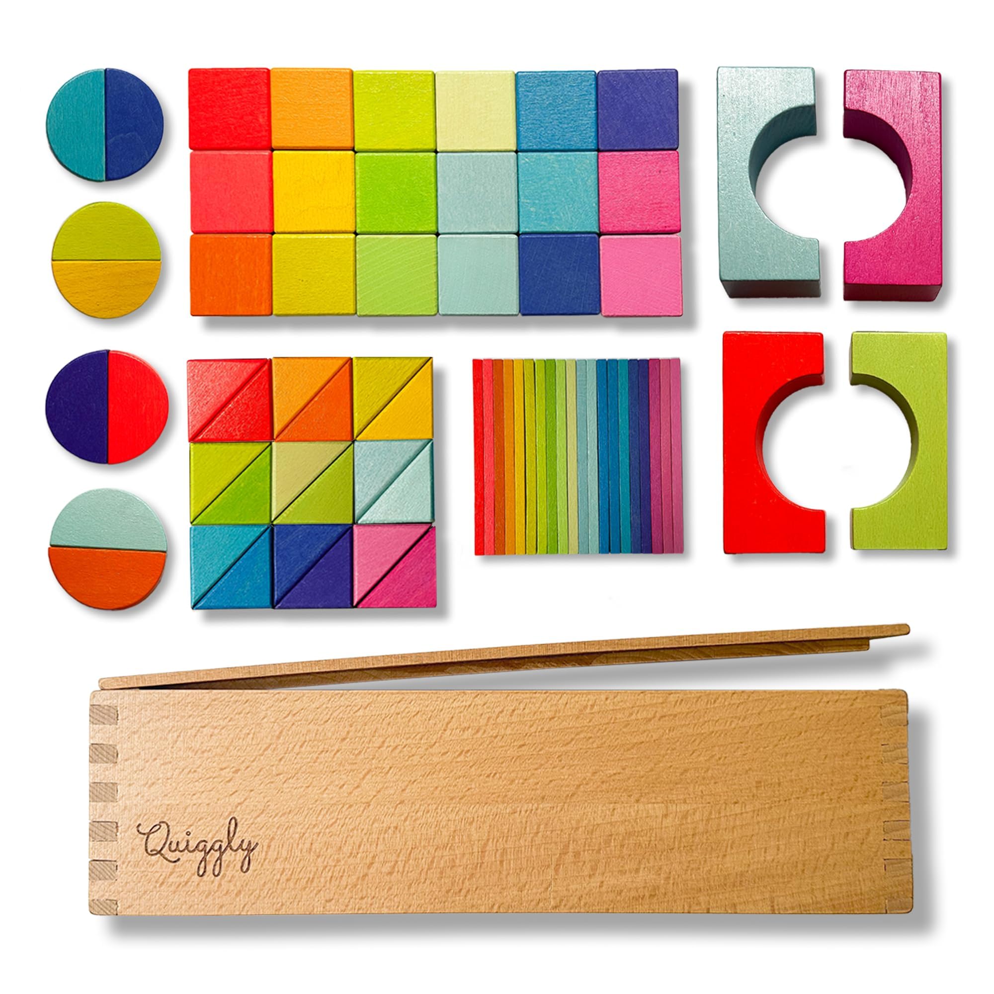 Quiggly Montessori Wooden Rainbow Building Blocks Set | 68-Piece Educational STEM Toy for Toddlers | Includes Storage Box with Carry Handles | Ideal for Ages 12-48+ Months (Wooden Storage Box)