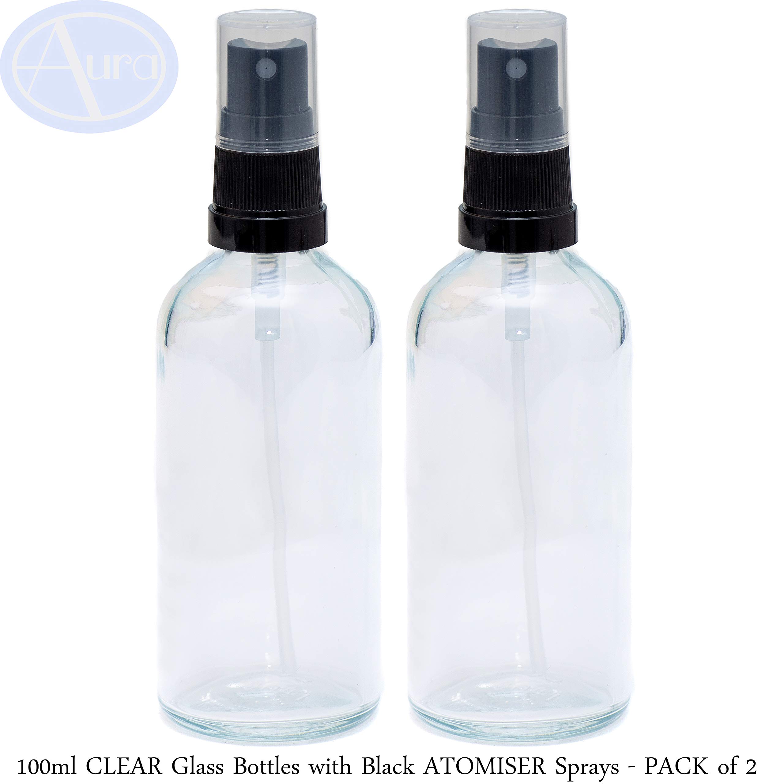 100ml CLEAR Glass Bottles with Black ATOMISER Sprays - PACK of 2