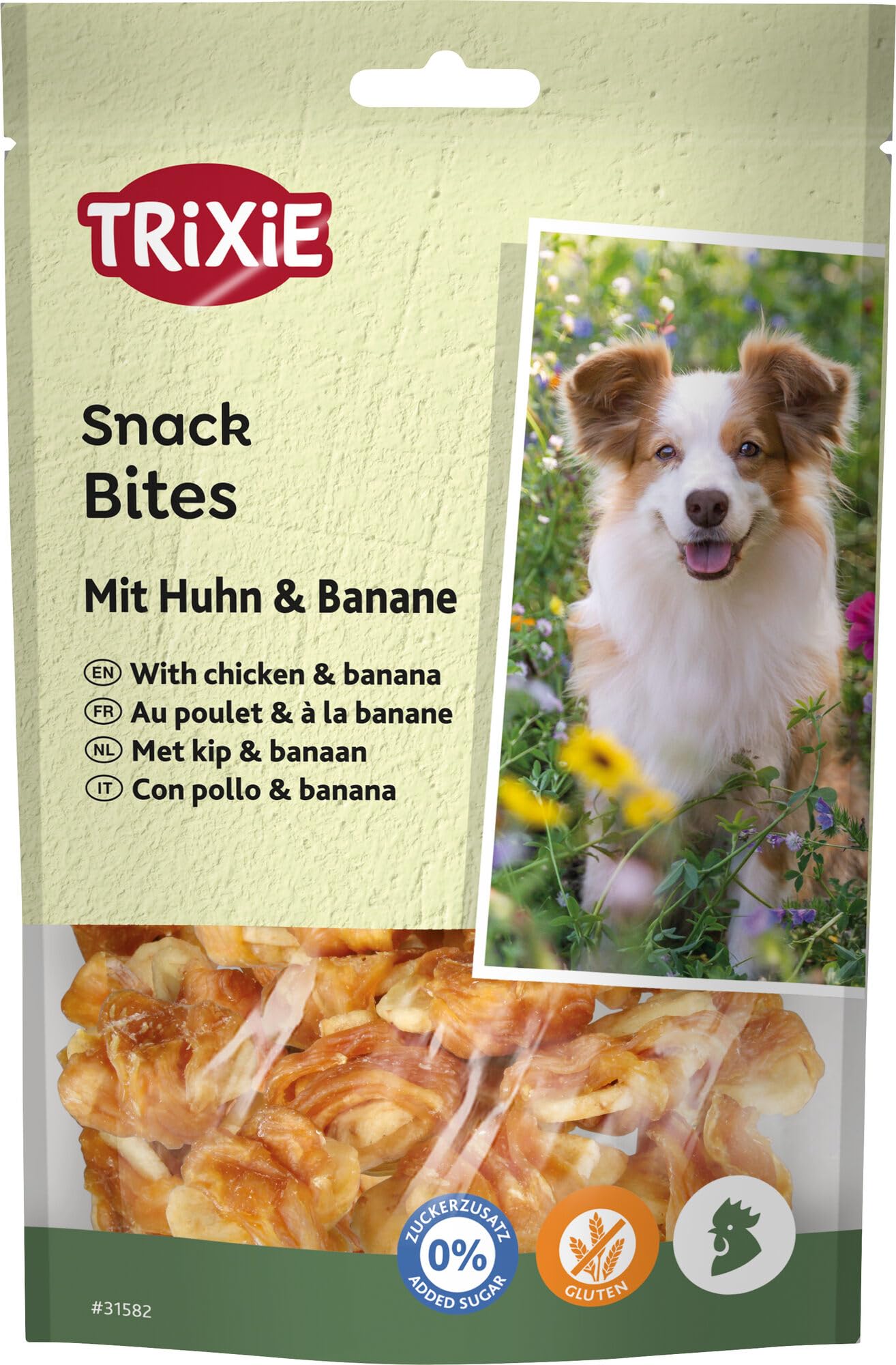 TRIXIE Bites Dog Snacks with Chicken & Banana – gluten-free & no added sugar – ideal as a reward for everyday use & on the go – 61% meat – 100 g – 31582
