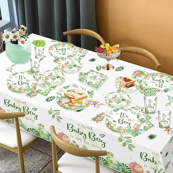 DINOSAUR BABY SHOWER DECORATIONS WITH CAKE TOPPER, HONEYCOMB CENTERPIECES, 25 SERVES DISPOSABLE TABLEWARE SET, BANNER PLATES, NAPKINS, CUP TABLE CLOTH, FOR BABY SHOWER DECORATIONS BOY
