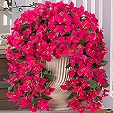 INXUGAO 2 pcs Artificial Faux Bougainvillea Flowers Plants for Outdoor Outside Summer Decoration, Fake Silk UV Resistant Long Trailing Vines for Front Door Porch Planter Balcony (Purple Rose Red)