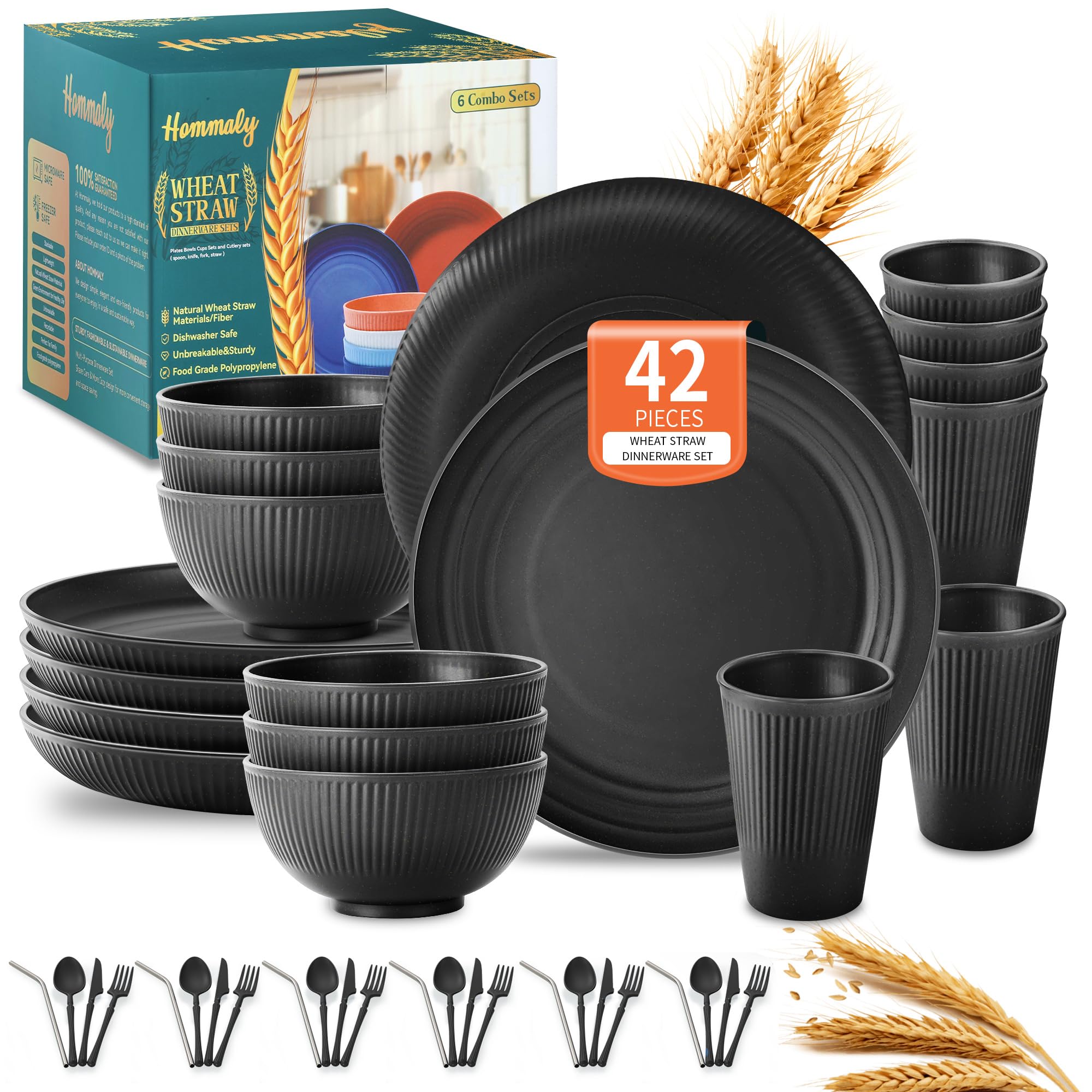 Photo 1 of Wheat Straw Dinnerware Sets,42-Piece Black Plates and Bowls Sets for 6-Unbreakable,Reusable Plastic Dish Set-Dinner Plate/Cereal Bowl/Cup/Utensils-Microwavable Dishwasher Safe 42P-Black