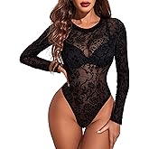 Avidlove Womens Mesh Long Sleeve Bodysuit Round Neck Sheer Leotards Geo Print Bodysuit Top with Snap Crotch