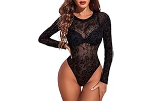 Avidlove Womens Mesh Long Sleeve Bodysuit Round Neck Sheer Leotards Geo Print Bodysuit Top with Snap Crotch