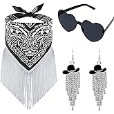 GANZHOUYILAN 3 Pcs Cowgirl Fringe Bandana with Heart Sunglasses & Western Cowgirl Hat Tassel Earrings for Women Party Costume