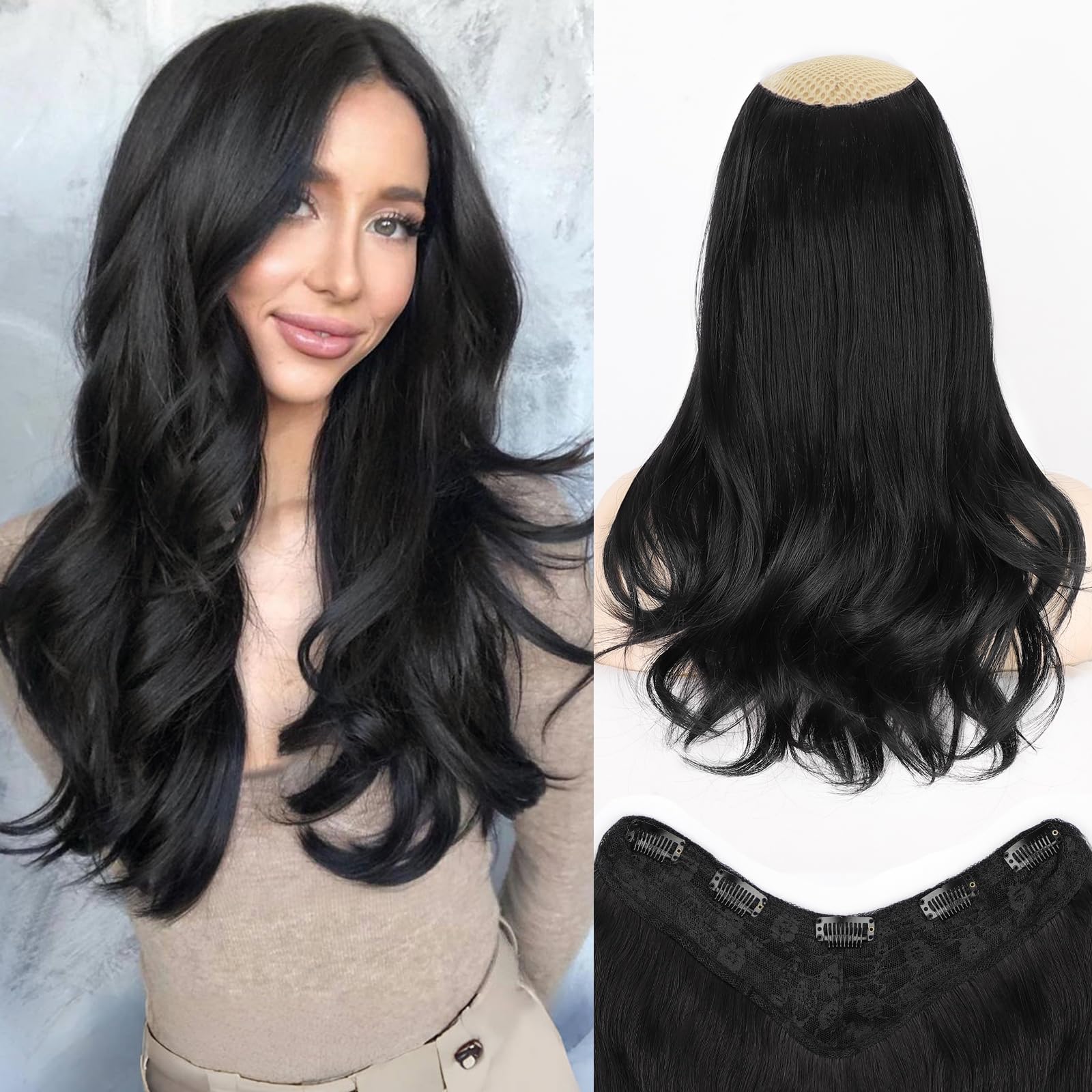 Photo 1 of ALXNAN Long Wavy Layered Hair Extensions for Women, Clip in Hair Extensions Clip Ins Soft Full Head Synthetic Hairpieces 16 Inch Black