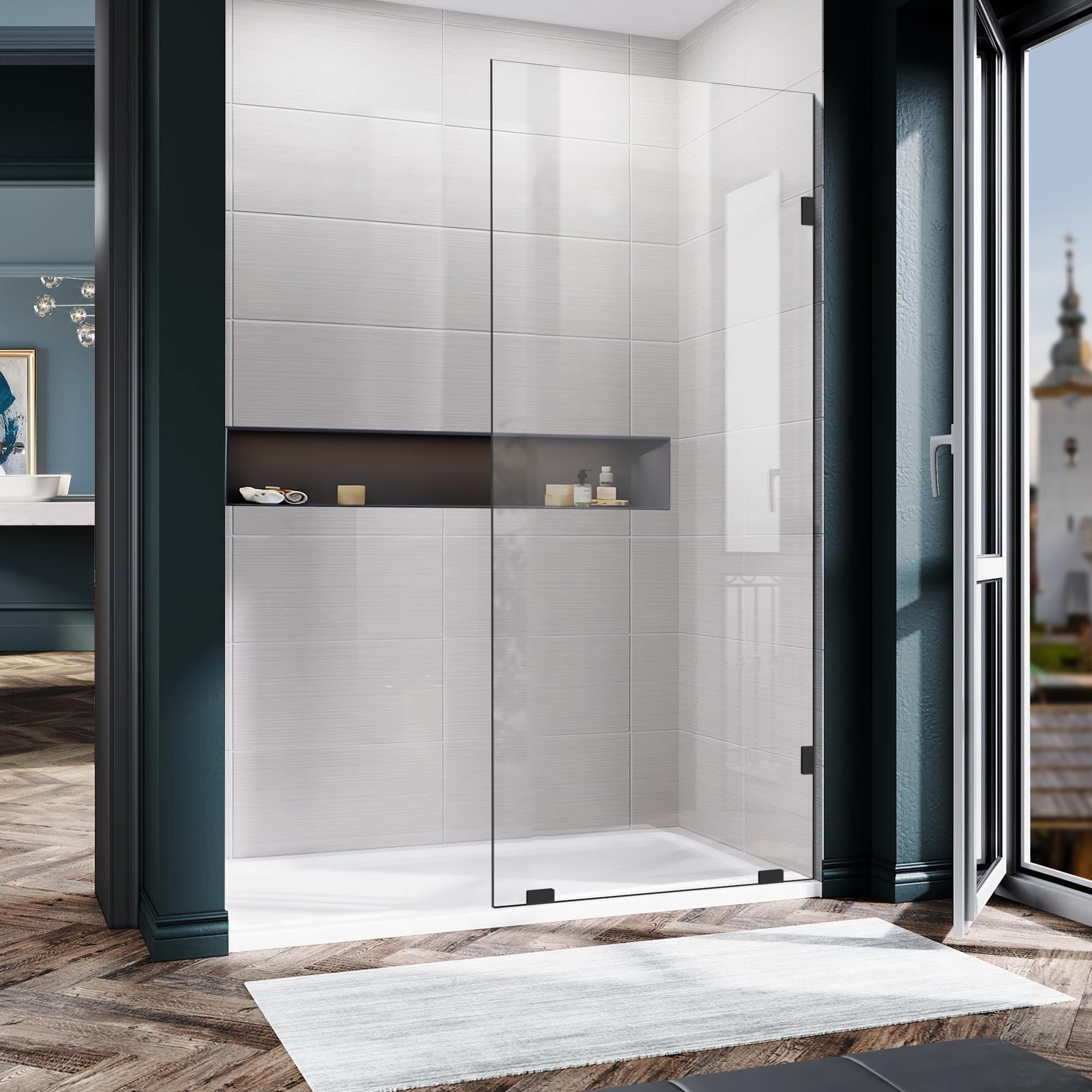 Photo 1 of ***FACTORY SEALED*** Bathroom Shower Glass Door 34 * 80" - 5/16"(8mm) Thick Clear Tempered Glass Panel, Fixed Hinged Framless Shower Glass Door with Clamps, Matte Black