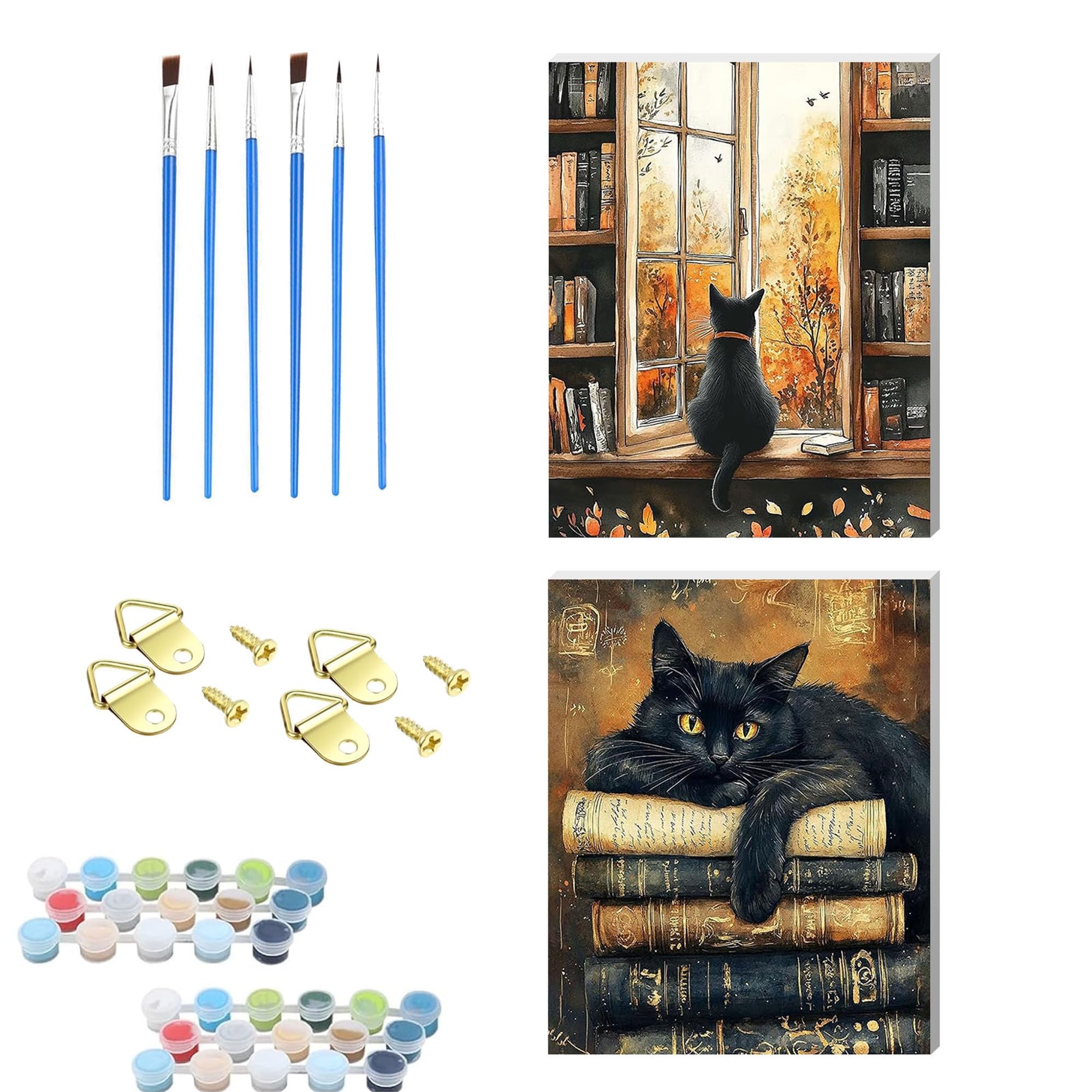 NZNANCHU 2PCS Cat Wooden Framed Paint by Number for Adult,Books DIY Painting Kits for Adults,Color by Numbers,Small Paint by Number Canvas Crafts Watercolor for Beginners Hoom Decor