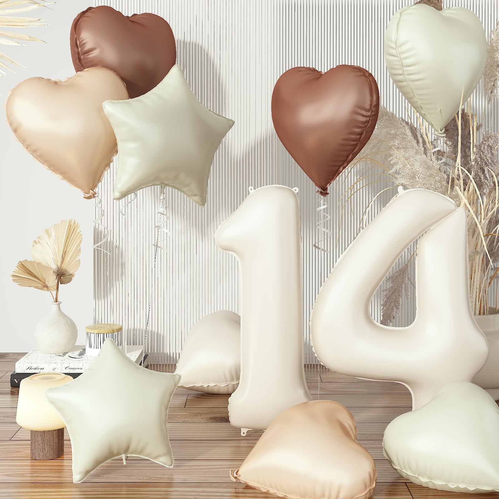 Photo 1 of 14th Birthday Balloons Decor, Cream Brown Tan Helium Number 14 Balloon Heart Balloon, Neutral Beige Sand White Nude Foil Star Balloon Set for Girls Birthday Wedding Anniversary Party Boho Decoration