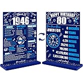 80th Birthday Decorations Back in 1946 Table Sign for Men, Blue Silver 80 Birthday Two-Sided Wooden Table Poster with Stand Party Supplies, Eighty Years Old Bday Display Holder Table Decor